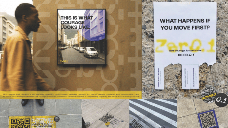 Urban collage of courage posters: 'this is what courage looks like' and 'what happens if you move first? ', with street textures and qr codes.