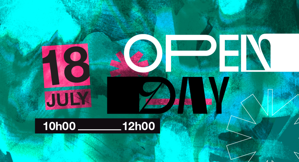 Open day poster announcing 18 july, 10:00–12:00, with bold white/black typography on a teal abstract background.
