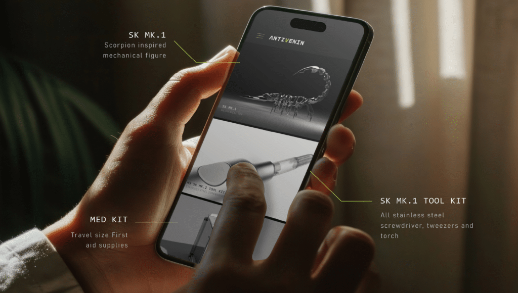 Hands holding a smartphone displaying a labeled ar image of the sk mk. 1 tool kit.