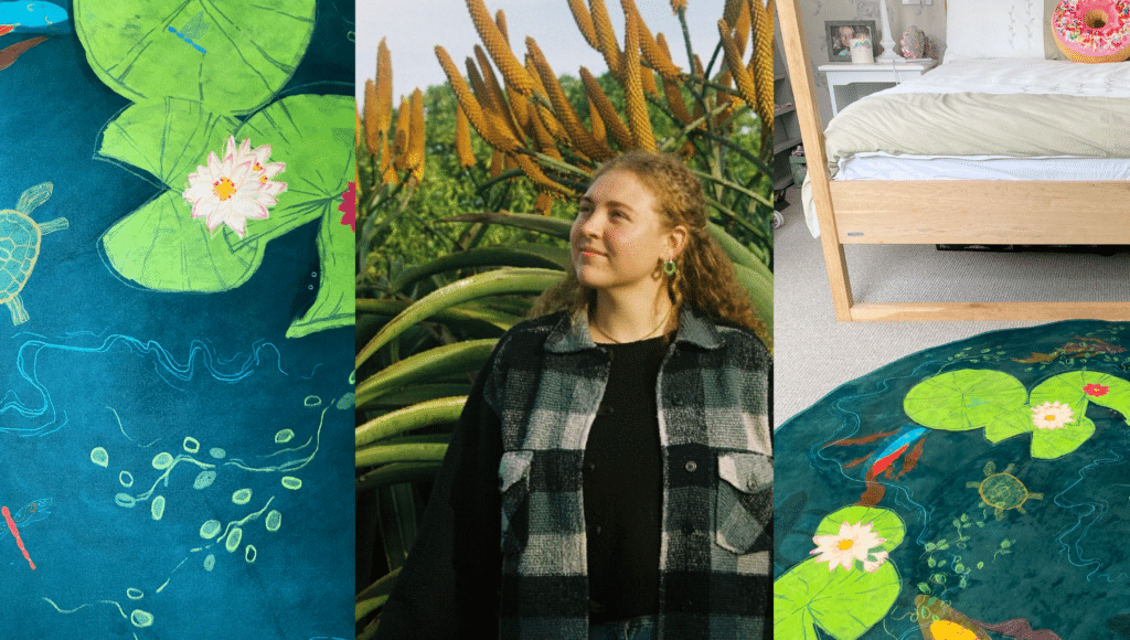 A triptych collage: left shows a blue fabric with green lily pads and a pink water lily; center features a smiling person with curly hair outdoors among tall plants; right reveals a tidy bedroom with a white bed and colorful donut pillow.